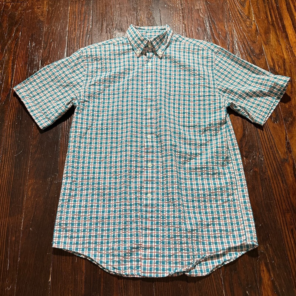 LL Bean Shirt Mens Small Blue Pink Seersucker Plaid Short Sleeve Spring‎ Summer